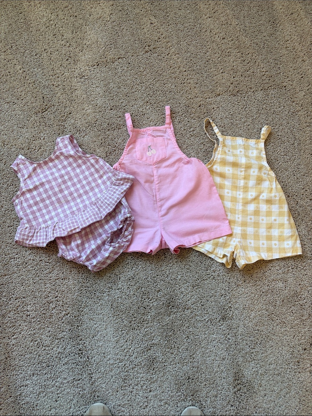 2 one piece rompers & 1 - 2 piece top & bloomer set